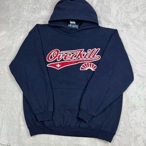 Vintage Overkill Clothing Hoodie Navy Blue Script Logo Men Size L Y2K Skater